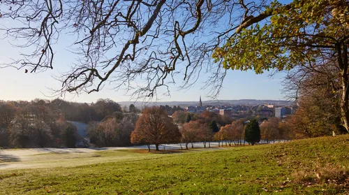 This landscape photograph captures a winter morning view of Chesterfield from Tapton Park, located in the United Kingdom. The image prominently features frost-covered grass and an array of leafless and partially leafed trees, showcasing the natural beauty of the park during the colder season. In the distance, the iconic spire of the Church of St Mary and All Saints, commonly known as the Crooked Spire, rises above the town of Chesterfield, serving as a recognizable landmark within the scene. The photograph illustrates the harmonious blend of nature and urban features, with the park's open spaces and tree-lined areas framing the town under the clear winter sky. The seasonal atmosphere is emphasized by the frosty landscape and the muted colours typical of winter, making this a representative image of Chesterfield and Tapton Park during this time of year.